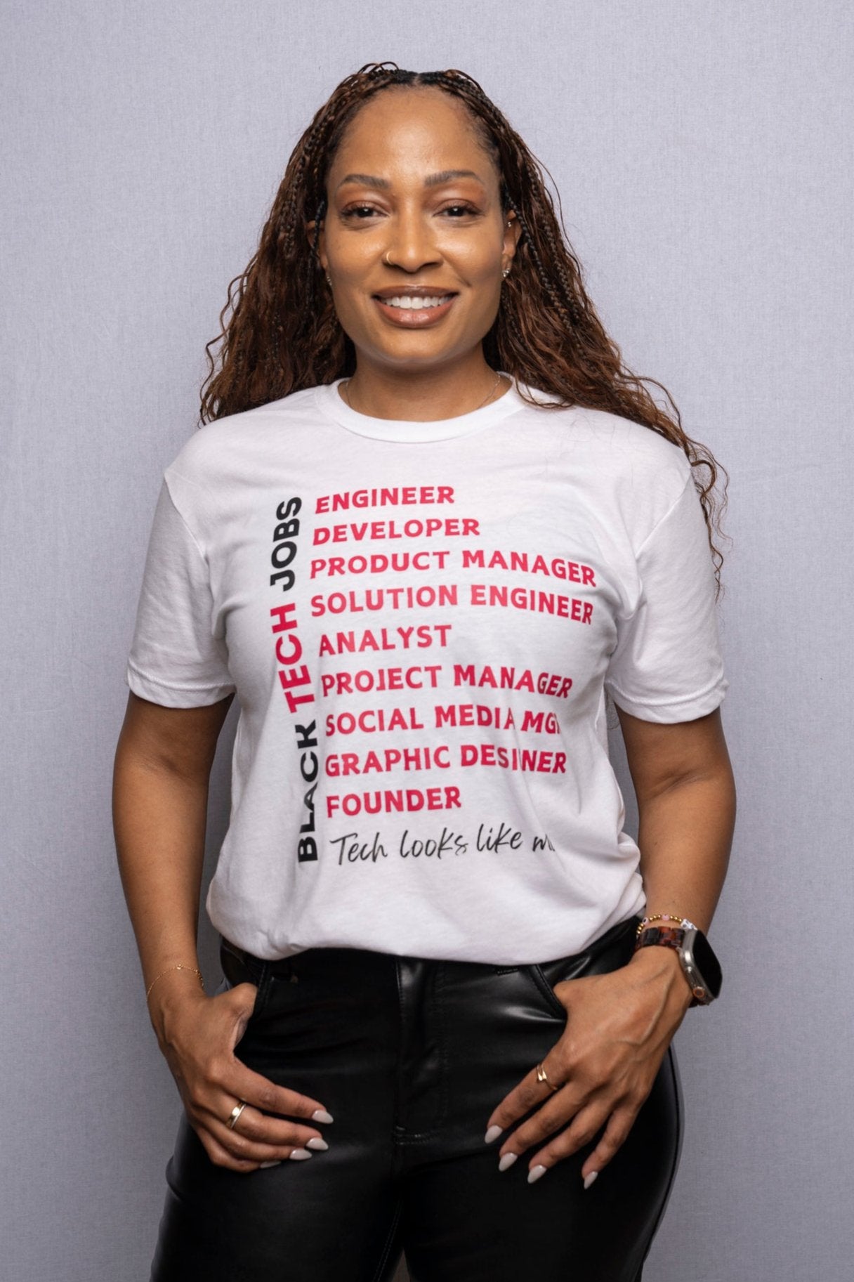 Black TECH Jobs T-shirt (White with Pink Print)