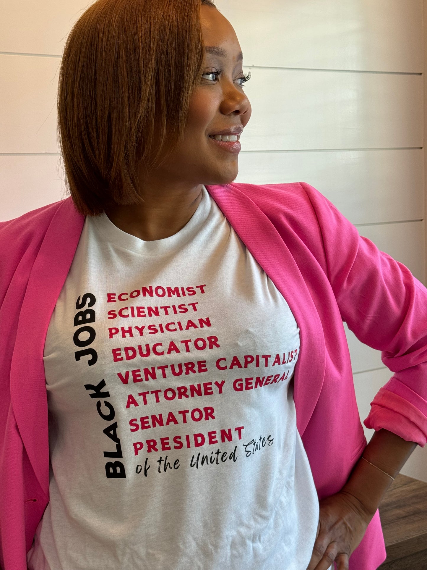 Black Jobs T-shirt (White with Pink Letters)