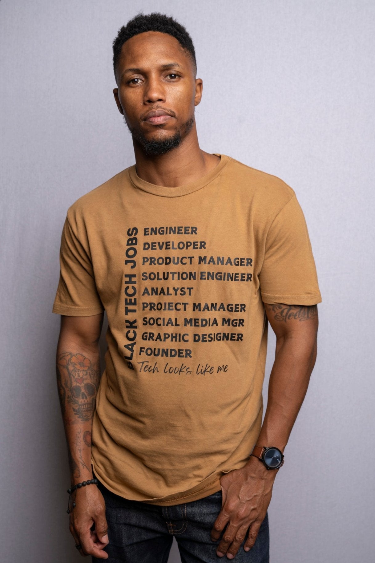 Black TECH Jobs T-shirt (Camel with Black Print)